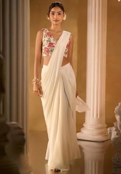 Soft Pink Embroidered Crepe Pre Draped Saree Set