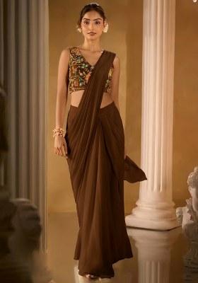 Brown Embroidered Crepe Pre Draped Saree Set