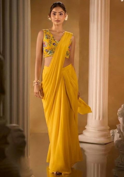 Yellow Embroidered Crepe Pre Draped Saree Set