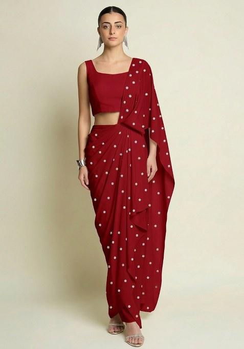 Crimson Red Embroidered Moss Pre Draped Saree Set