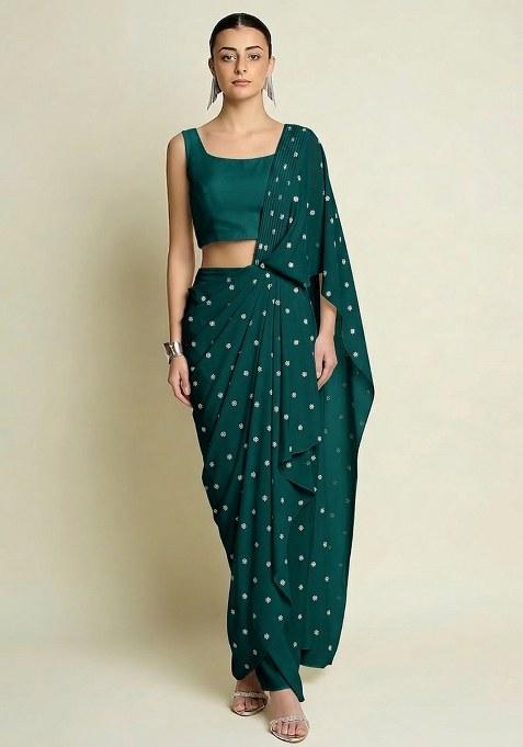 Deep Teal Green Embroidered Moss Pre Draped Saree Set