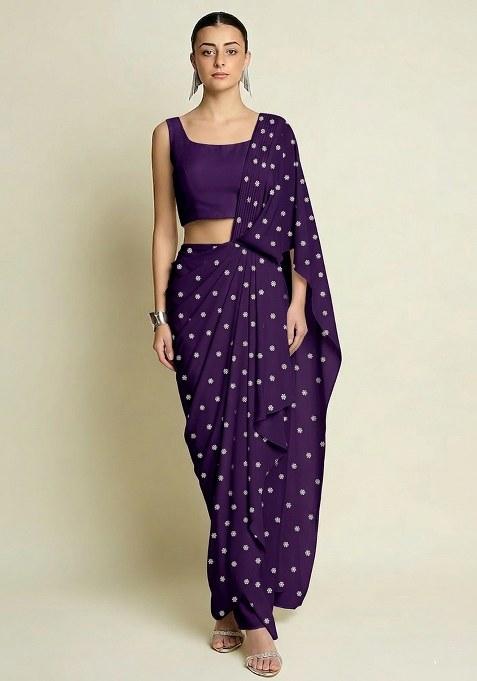 Violet Embroidered Moss Pre Draped Saree Set
