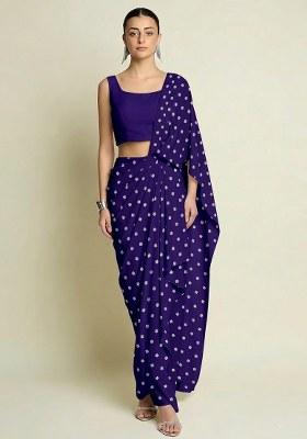 Purple Embroidered Moss Pre Draped Saree Set