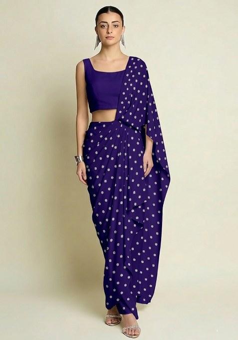 Purple Embroidered Moss Pre Draped Saree Set