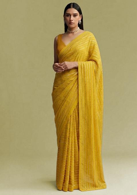 Mustard Yellow Embroidered Chinon Pre Draped Saree Set