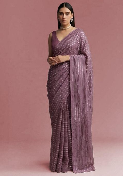 Mauve Embroidered Chinon Pre Draped Saree Set