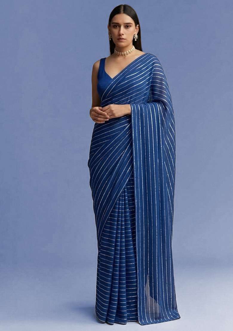 Royal Blue Embroidered Chinon Pre Draped Saree Set - Indya