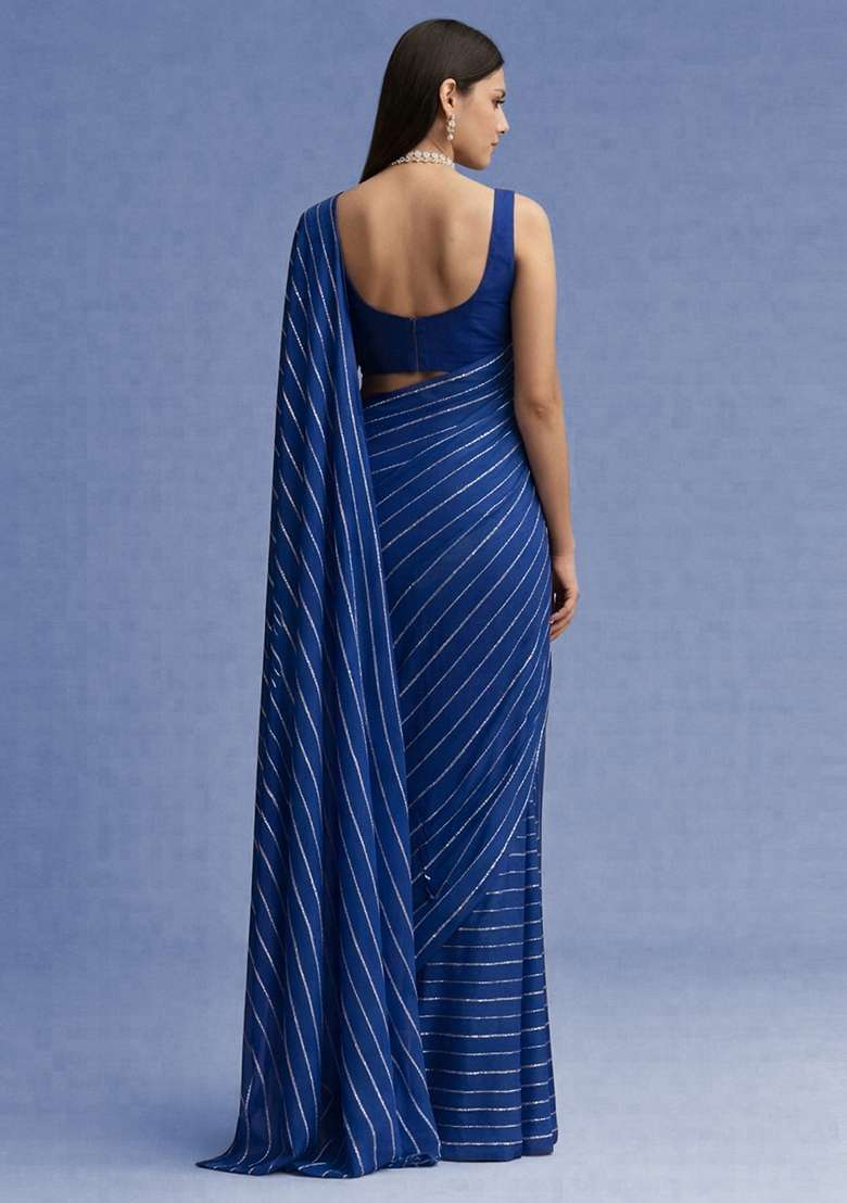 Royal Blue Embroidered Chinon Pre Draped Saree Set - Indya