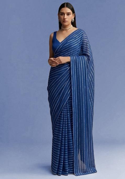 Royal Blue Embroidered Chinon Pre Draped Saree Set