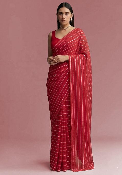Crimson Red Embroidered Chinon Pre Draped Saree Set