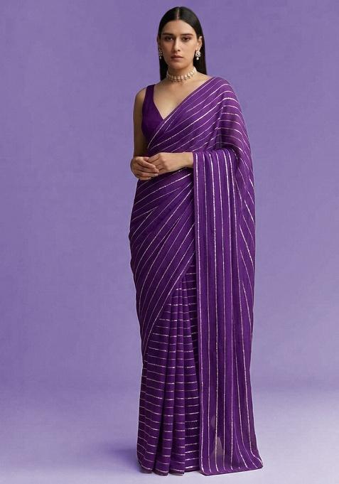 Lavender Embroidered Chinon Pre Draped Saree Set