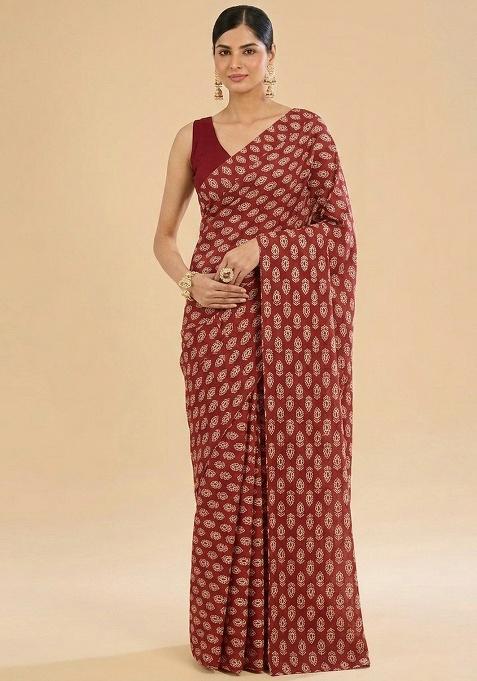Maroon Printed Satin Pre Draped Saree Set