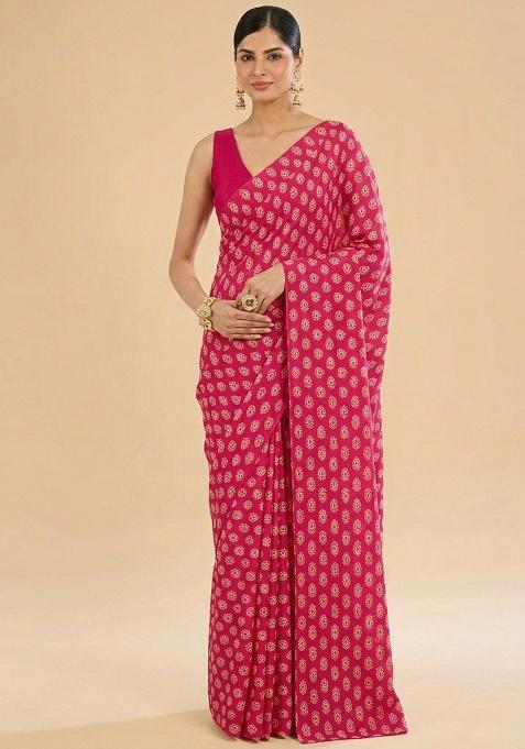 Pink Printed Satin Pre Draped Saree Set