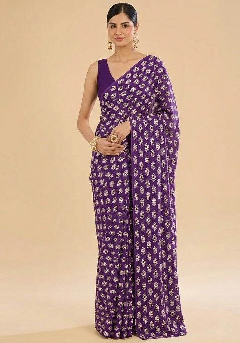 Purple Printed Satin Pre Draped Saree Set
