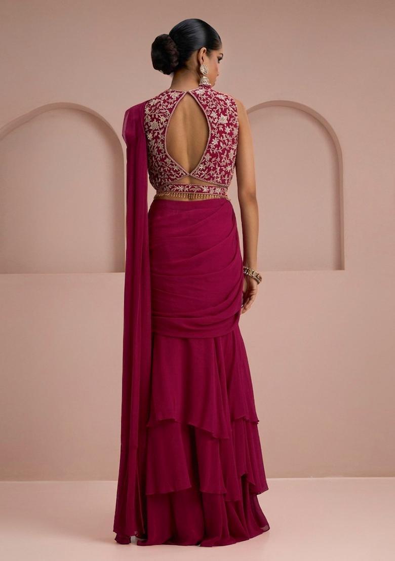Magenta Embroidery Handwork Pre Draped Saree Set - Indya