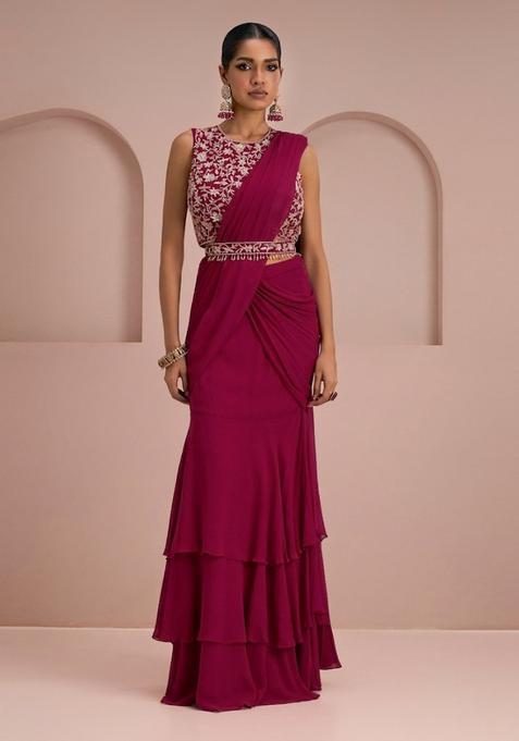 Magenta Embroidery Handwork  Pre Draped Saree Set