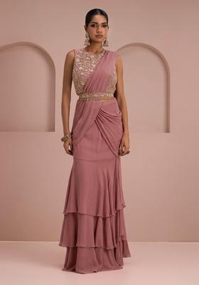 Mauve Embroidery Handwork  Pre Draped Saree Set