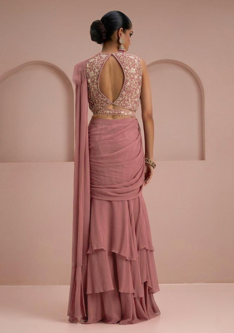 Mauve Embroidery Handwork Pre Draped Saree Set - Indya