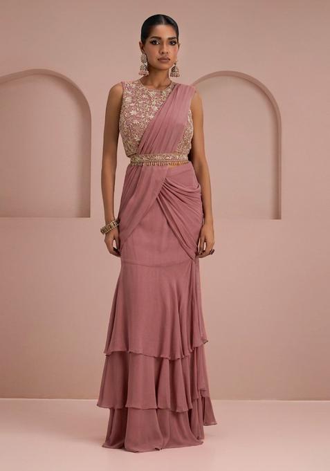 Mauve Embroidery Handwork  Pre Draped Saree Set