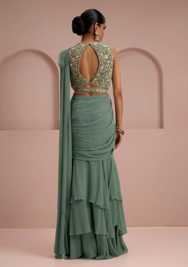 Sage Green Embroidery Handwork Pre Draped Saree Set - Indya
