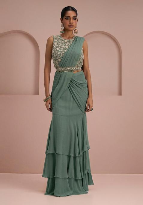 Sage Green Embroidery Handwork  Pre Draped Saree Set