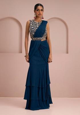 Deep Blue Embroidery Handwork Pre Draped Saree Set