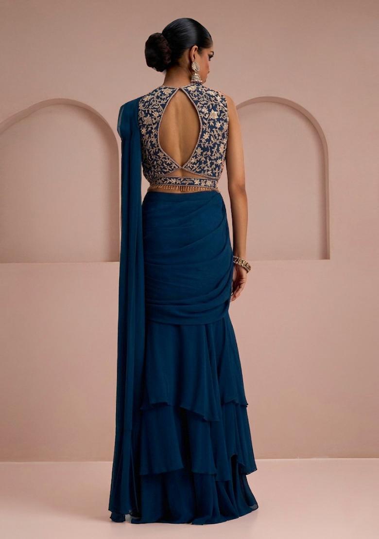 Deep Blue Embroidery Handwork Pre Draped Saree Set - Indya