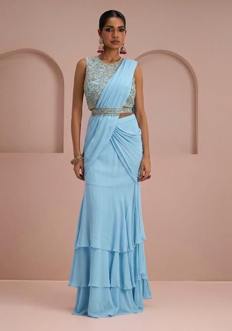 Sky Blue Embroidery Handwork  Pre Draped Saree Set