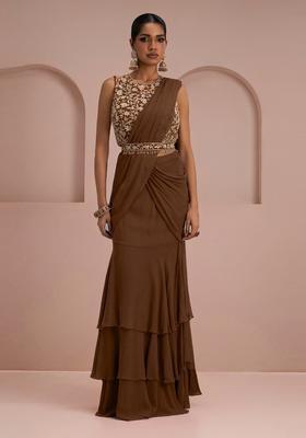 Brown Embroidery Handwork Pre Draped Saree Set