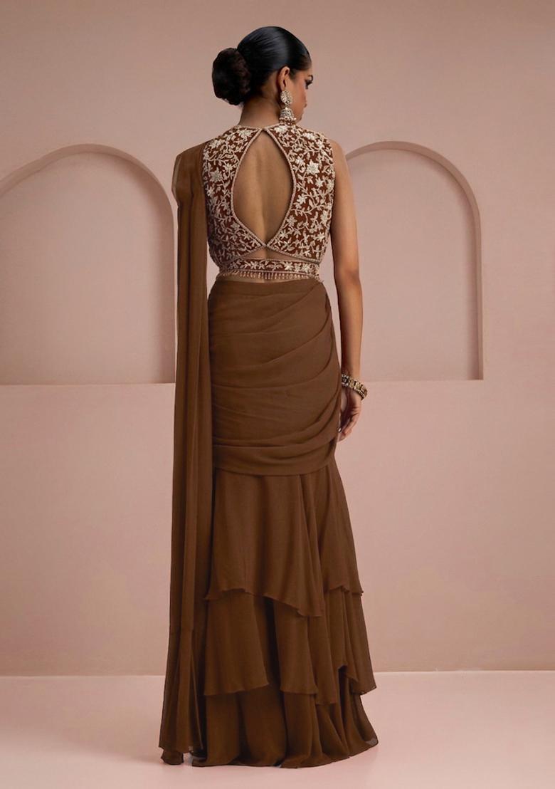 Brown Embroidery Handwork Pre Draped Saree Set - Indya