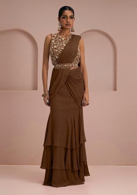 Brown Embroidery Handwork  Pre Draped Saree Set
