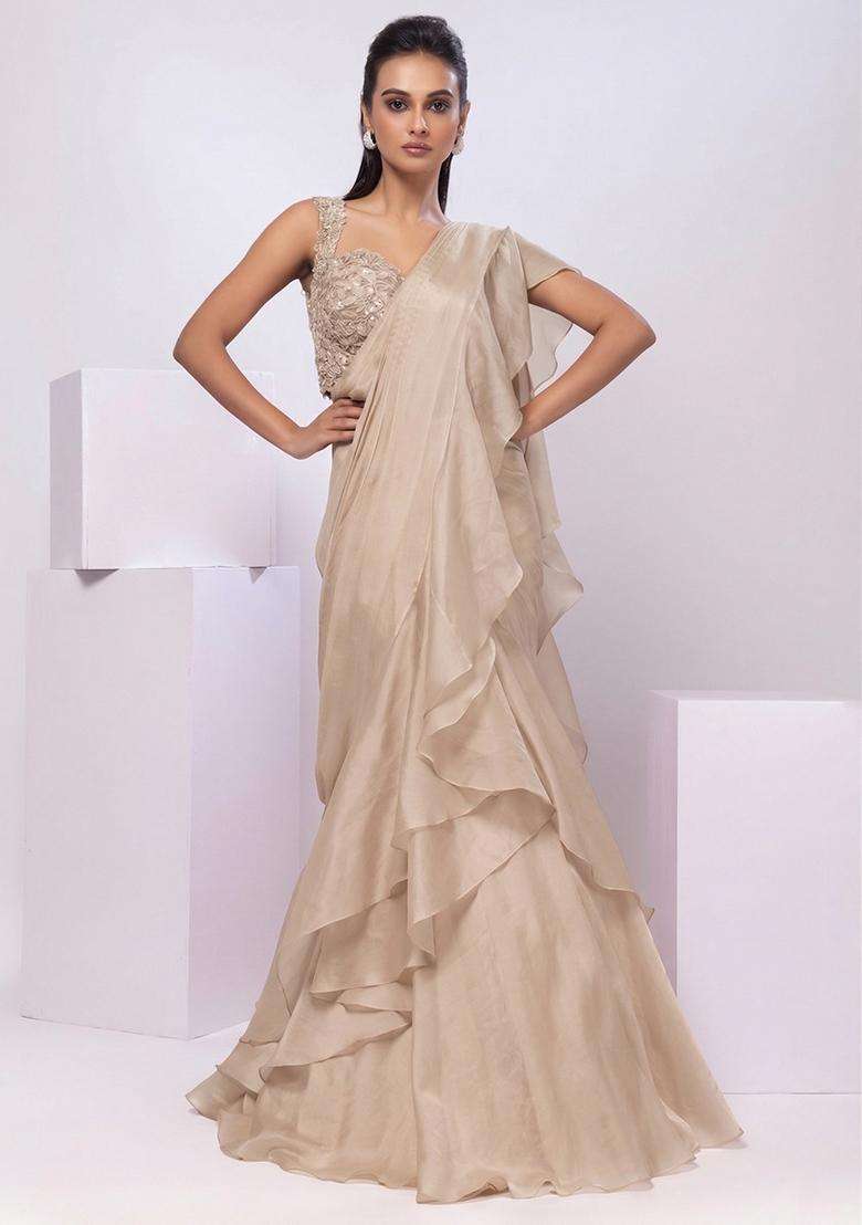 Off White Embroidery Handwork Pre Draped Saree Set - Indya