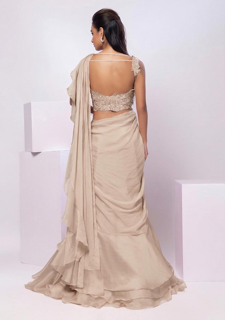Off White Embroidery Handwork Pre Draped Saree Set - Indya