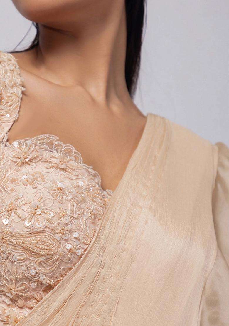Off White Embroidery Handwork Pre Draped Saree Set - Indya