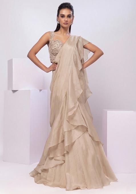 Off White Embroidery Handwork  Pre Draped Saree Set