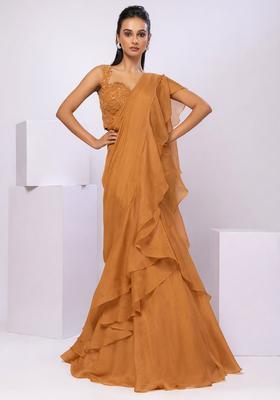 Mustard Yellow Embroidery Handwork  Pre Draped Saree Set
