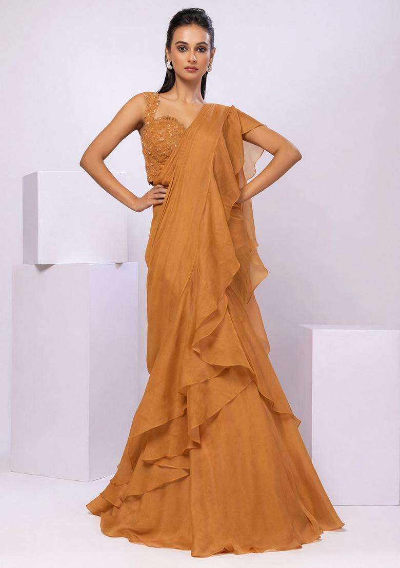 Mustard Yellow Embroidery Handwork Pre Draped Saree Set - Indya