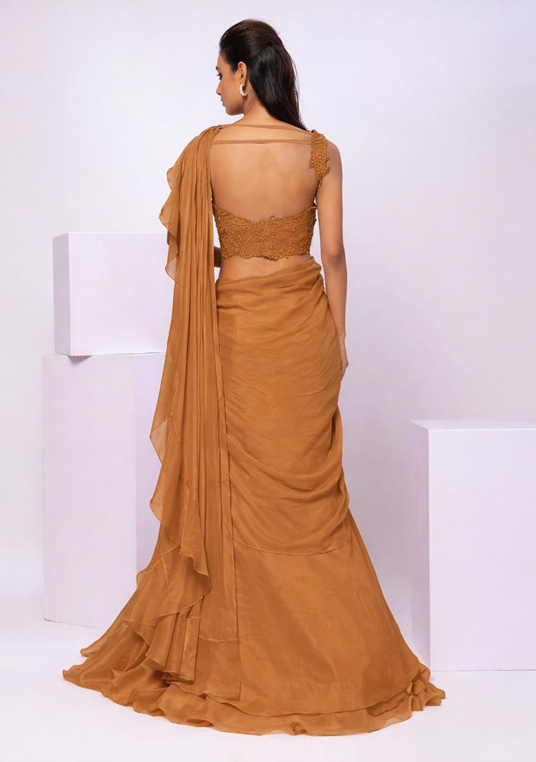 Mustard Yellow Embroidery Handwork Pre Draped Saree Set - Indya