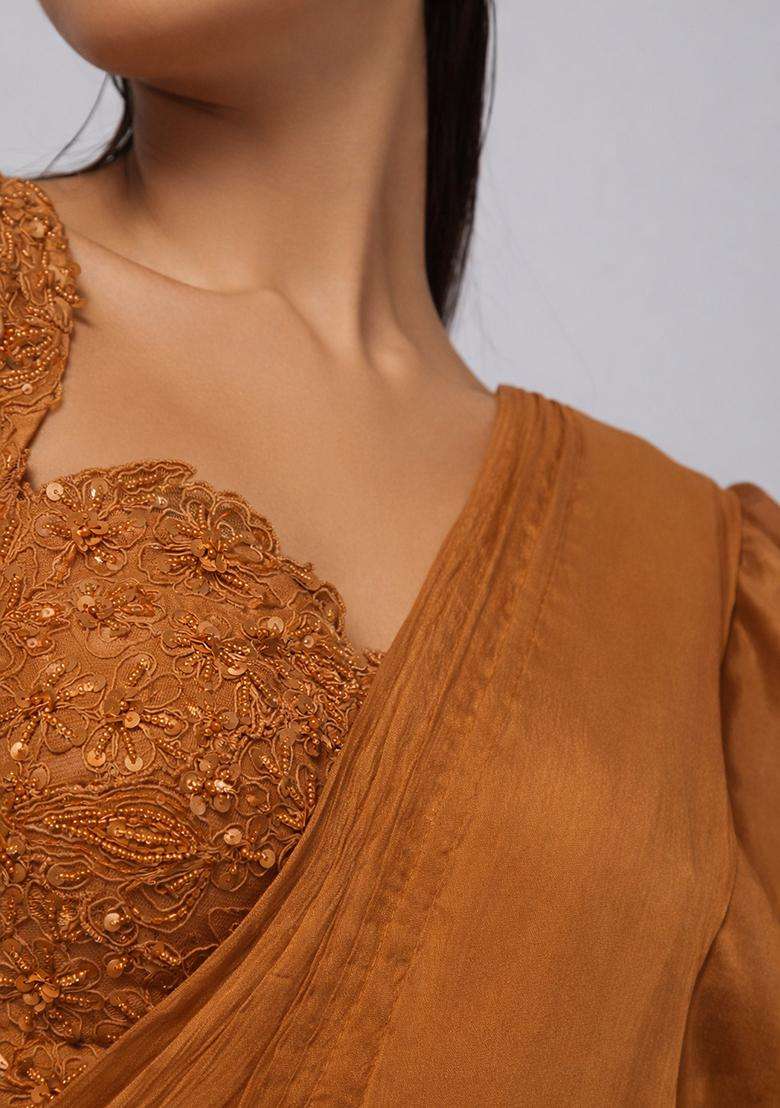 Mustard Yellow Embroidery Handwork Pre Draped Saree Set - Indya