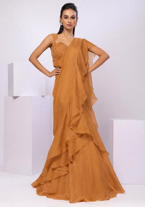 Mustard Yellow Embroidery Handwork  Pre Draped Saree Set