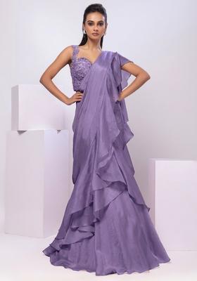Lavender Embroidery Handwork Pre Draped Saree Set
