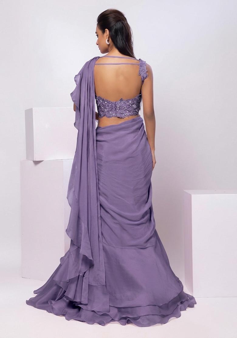 Lavender Embroidery Handwork Pre Draped Saree Set - Indya