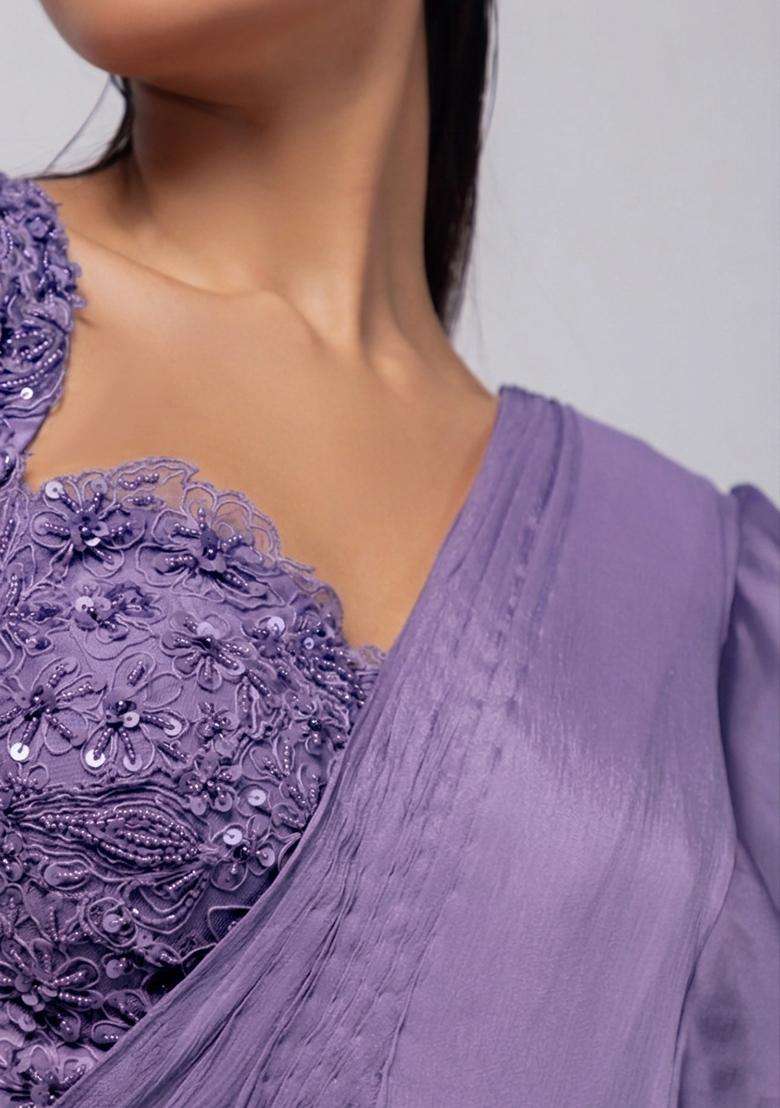 Lavender Embroidery Handwork Pre Draped Saree Set - Indya