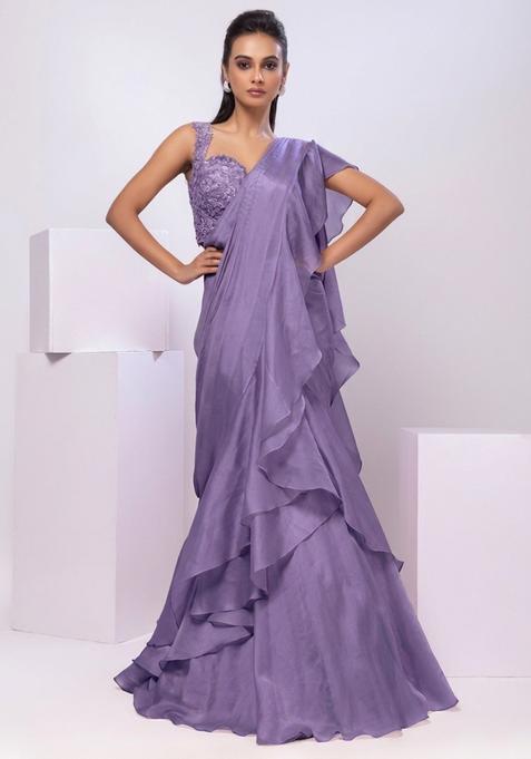 Lavender Embroidery Handwork  Pre Draped Saree Set