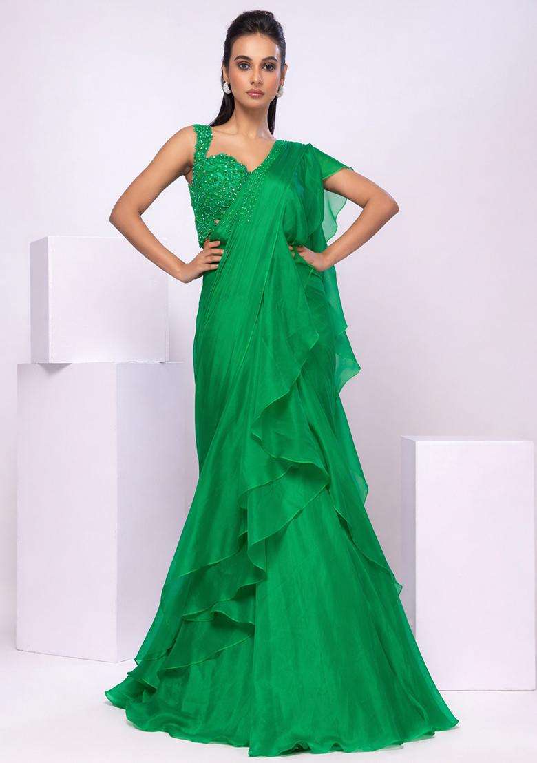 Bright Green Embroidery Handwork Pre Draped Saree Set - Indya