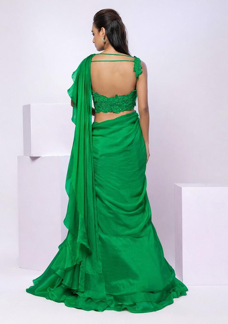 Bright Green Embroidery Handwork Pre Draped Saree Set - Indya