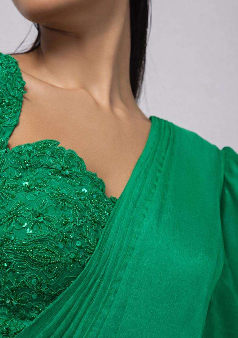 Bright Green Embroidery Handwork Pre Draped Saree Set - Indya