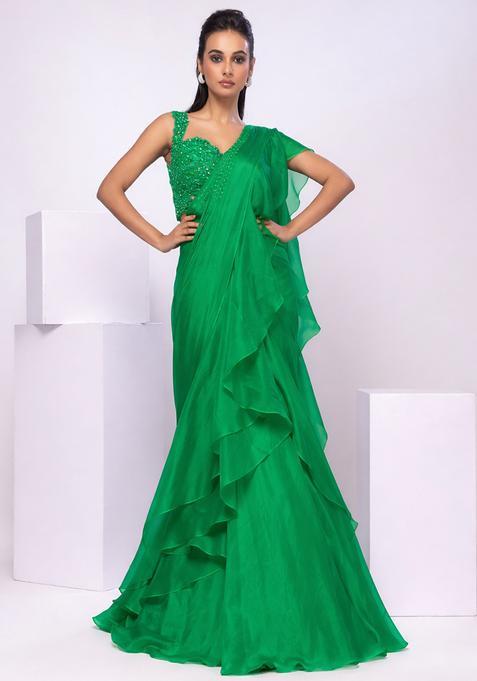 Bright Green Embroidery Handwork  Pre Draped Saree Set