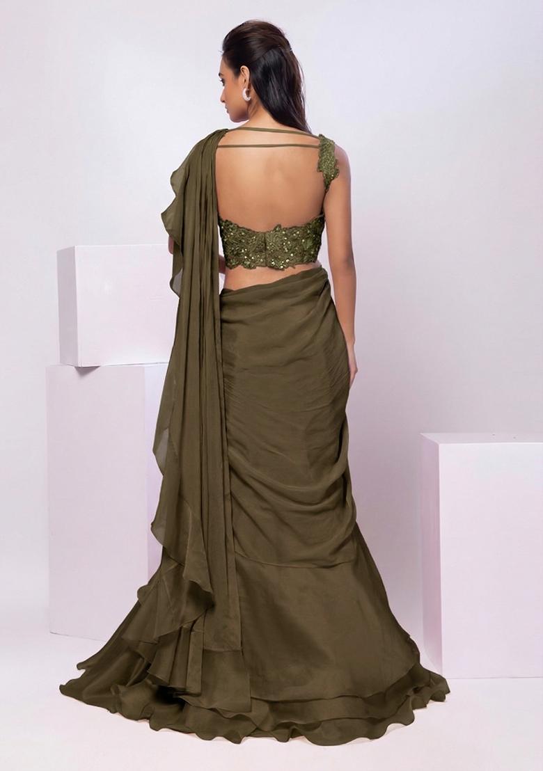 Olive Green Embroidery Handwork Pre Draped Saree Set - Indya