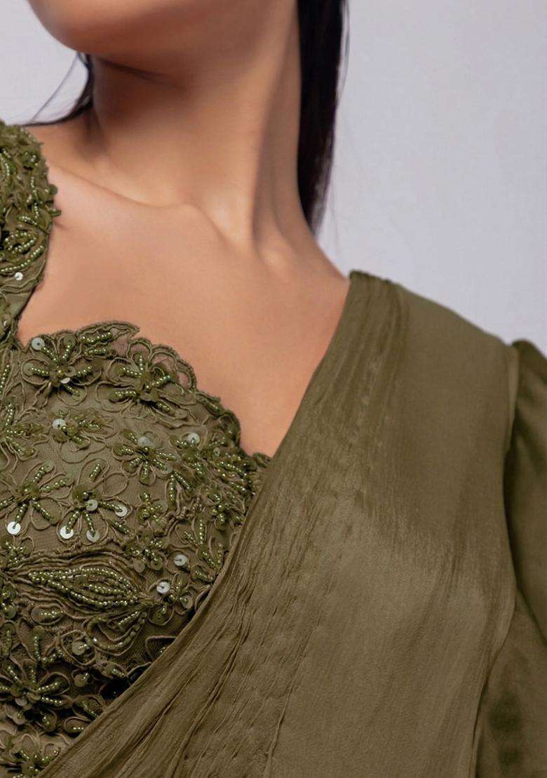 Olive Green Embroidery Handwork Pre Draped Saree Set - Indya
